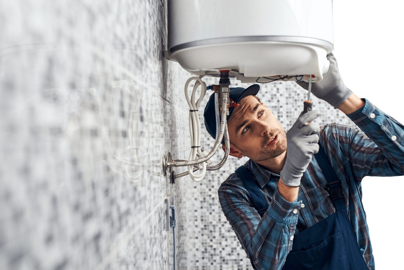 Heating engineer with tool bag
